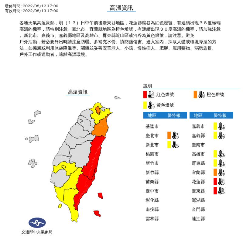 ▲氣象局針對9縣市發布高溫警訊。（圖／氣象局）