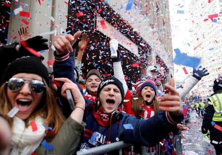 Feb 4, 2015; Boston, MA, USA; New England Patriots fans cheer during the Super Bowl XLIX-New England Patriots Parade. Greg M. Cooper-USA TODAY Sports