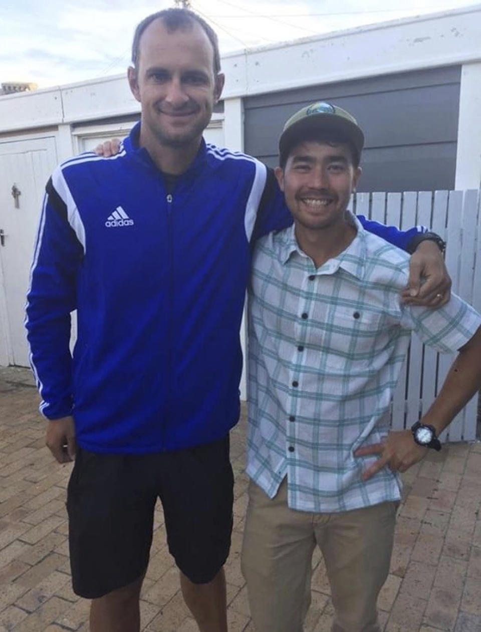 <em>John Allen Chau (right) poses with Founder of Ubuntu Football Academy Casey Prince, 39, just days before he left for India where he was killed in a remote island populated by the Sentinelese (Picture: AP/Sarah Prince)</em>