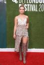 <p>The star wore an asymmetric floral playsuit to the World Premiere of The Little Drummer Girl, October 2018.</p>