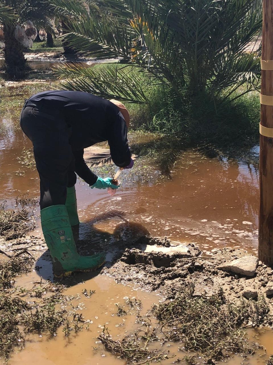 Officials with the Riverside County Department of Environmental Health take water samples Tuesday of flooded areas in Thermal following a breach at the nearby Lawson dump site.