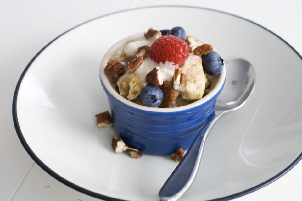 In this image taken on Jan. 28, 2013, banana bourbon bread pudding is shown in Concord, N.H. (AP Photo/Matthew Mead)