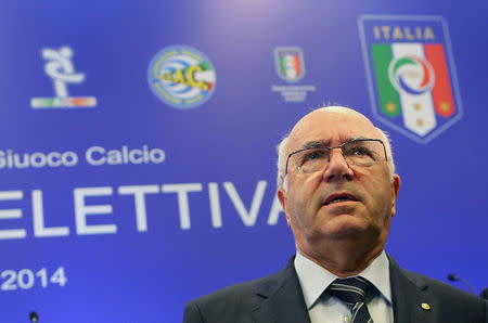 FILE PHOTO: The newly elected president of the Italian Football Federation (FIGC), Carlo Tavecchio looks on in Rome August 11, 2014. REUTERS/Alessandro Bianchi/File Photo