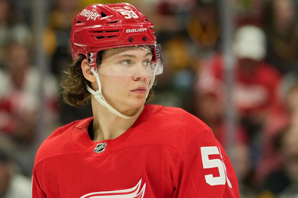 Red Wings defenseman Moritz Seider looks on during the third period of the Wings' 7-2 loss to the Penguins on Saturday, April 23, 2022, at Little Caesars Arena.