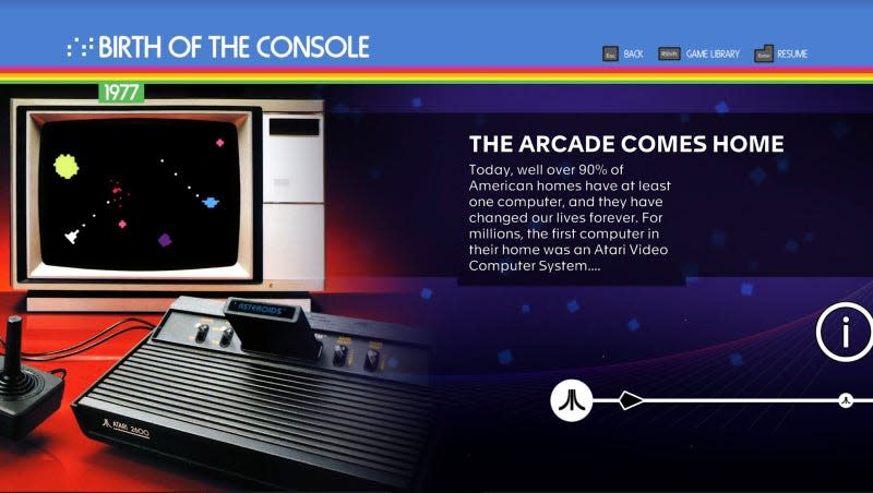 An Atari 2600 with an Asteroids cartridge inserted is shown in front of an early 1980s-style TV depicting a screen from the game accompanied by text about how the Atari VCS/2600 was the first computer in millions of homes.