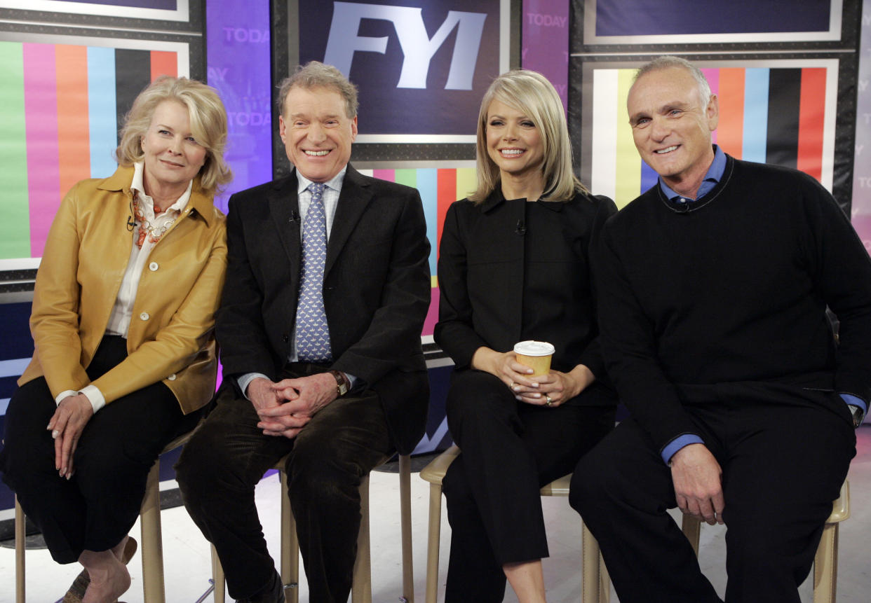 FILE - Cast members of the "Murphy Brown" TV series, from left, Candice Bergen, Charles Kimbrough, Faith Ford and Joe Regalbuto, pose for a photo as they are reunited for a segment of the NBC "Today" program in New York, Feb. 27, 2008. Kimbrough, a Tony- and Emmy-nominated actor who played a straight-laced news anchor opposite Candice Bergen on "Murphy Brown," died Jan. 11, 2023, in Culver City, Calif. He was 86. The New York Times first reported his death Sunday, Feb 5. (AP Photo/Richard Drew, File)