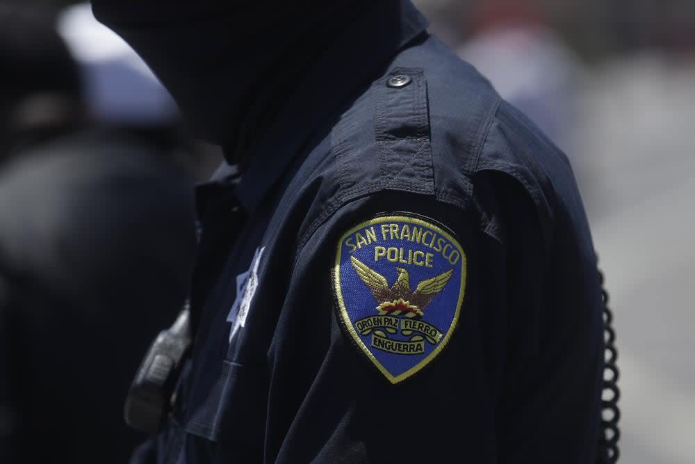 In this July 7, 2020, file photo a San Francisco Police Department patch is shown on an officer’s uniform in San Francisco. (AP Photo/Jeff Chiu, File)