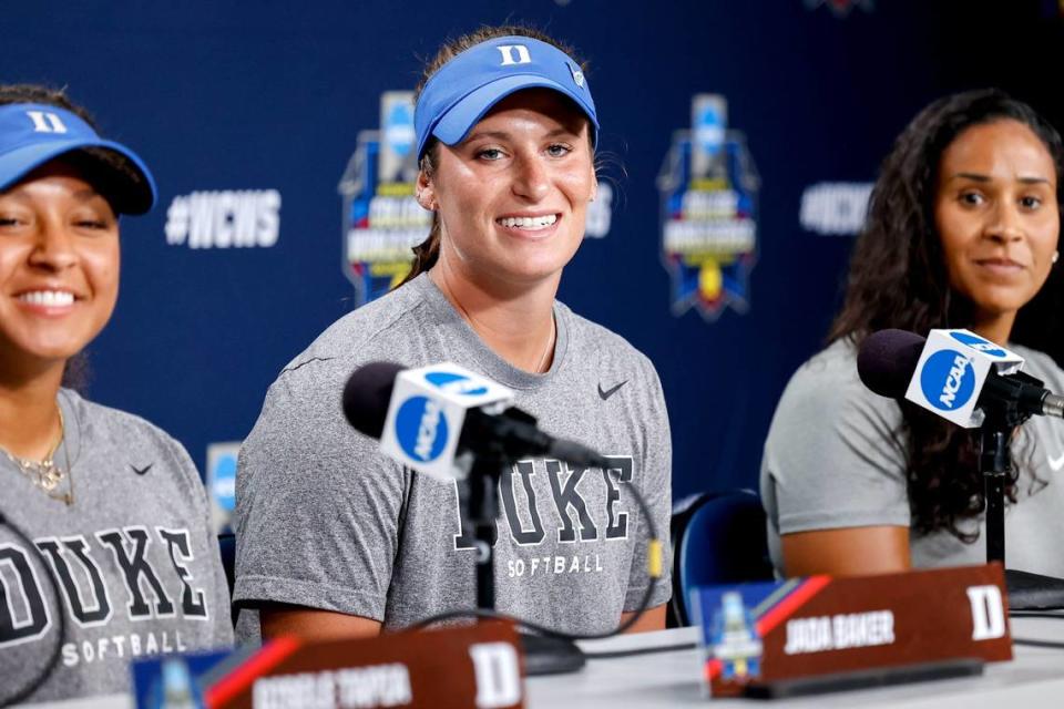 Duke’s Lillie Walker speaks to the press during the practice and media day for the Women’s College World Series at Devon Park in Oklahoma City, on Wednesday, May 29, 2024.