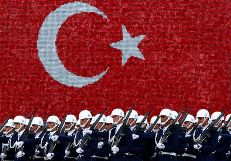 Turkish air force cadets march during a graduation ceremony for 197 cadets at the Air Force war academy in Istanbul, Turkey, August 31, 2009. REUTERS/Murad Sezer/File Photo