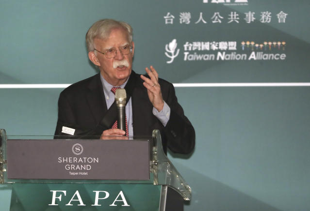 Former US national security advisor John Bolton delivers a speech at the 40th anniversary celebration of Formosan Association for Public Affairs in Taipei, Taiwan, Monday, May 1, 2023. (AP Photo/ Chiang Ying-ying)