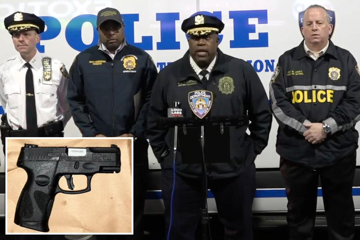 A group of police officers standing in front of a gun