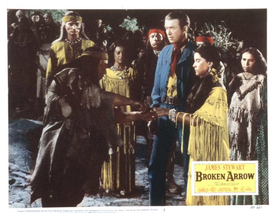 Broken Arrow, lobbycard, from left: Jeff Chandler, Chris Willow Bird, Argentina Brunetti, Jay Silverheels, James Stewart, Debra Paget, Dolores Christine Cypert, 1950. (Photo by LMPC via Getty Images)