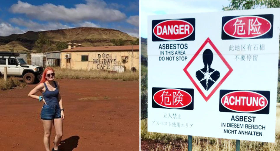 Pictured left is a woman posing in the West Australian town of Wittenoom. Right is a danger sign at the town.