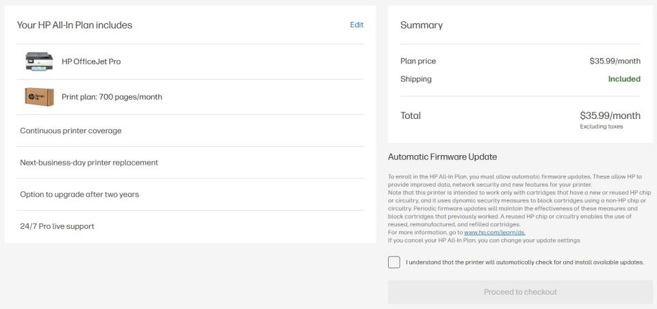 HP's most expensive subscribable plan allows up to 700 pages per day for $35.99 per month excluding taxes