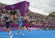 Canada's Kyle Jones competes in the men's triathlon at the 2012 London Olympics, August 7, 2012. Jones placed 25th. THE CANADIAN PRESS/HO, COC - Jason Ransom