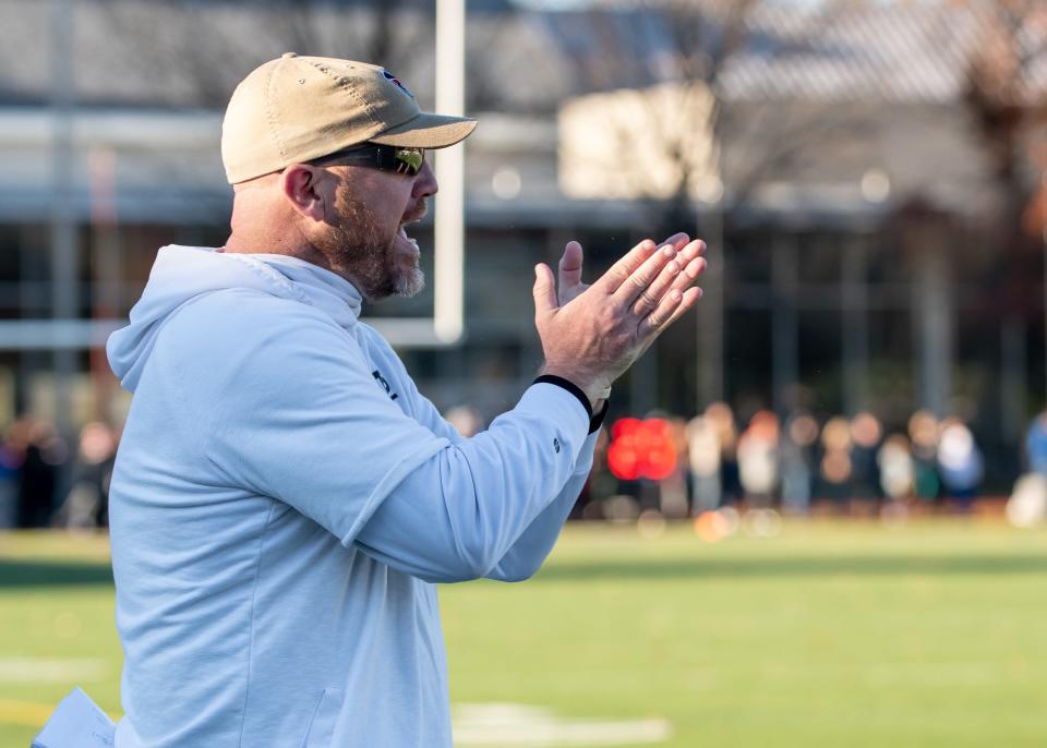 Germantown Academy head coach Matt Dence watches his defense take on Penn Charter during the 135th annual rivalry game in Philadelphia on Saturday, November 13, 2021. The Quakers defeated the Patriots 35-32.