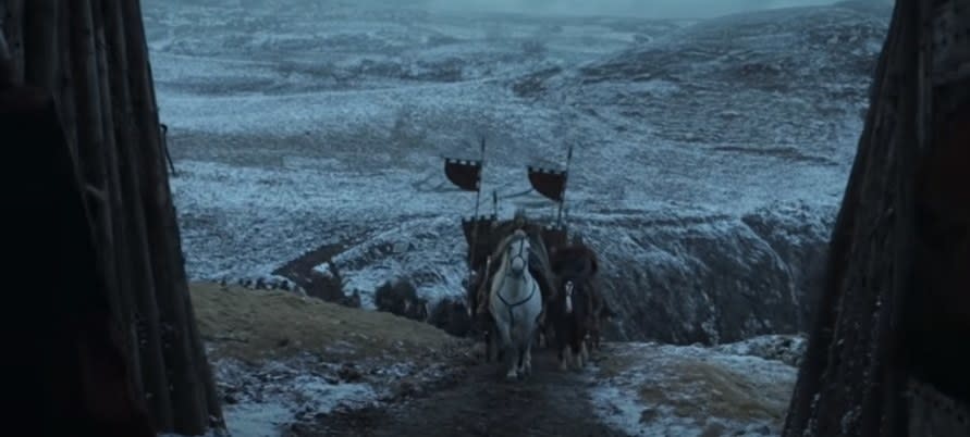 Viking King returning home on horse and carriage, in snowy weather