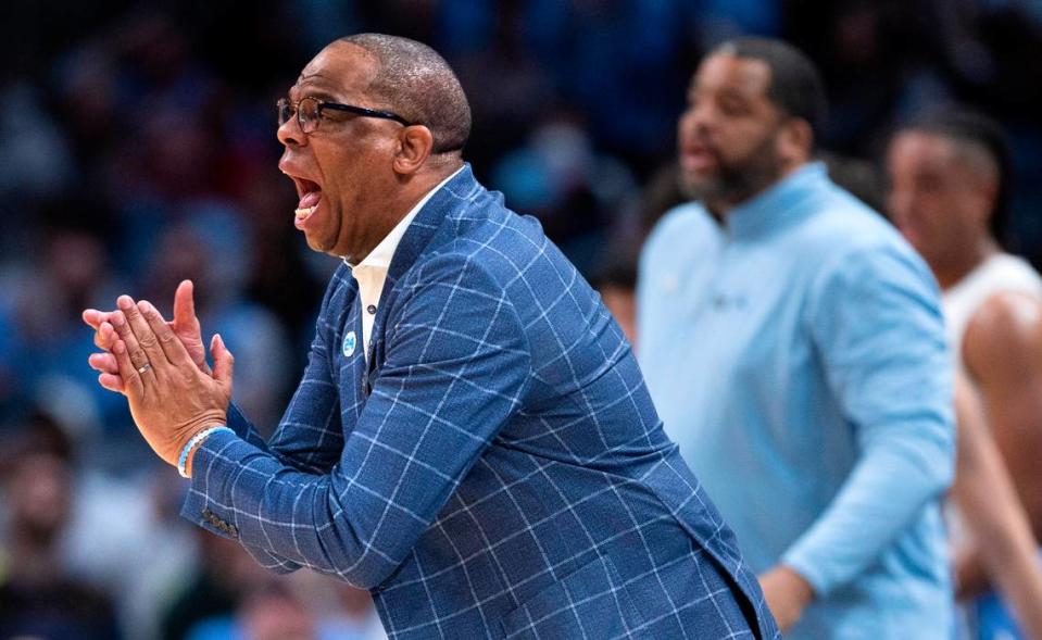 North Carolina coach Hubert Davis directs his team during the first half against Alabama in the NCAA Sweet Sixteen on Thursday, March 28, 2024 at Crypto.com Arena in Los Angeles, CA.