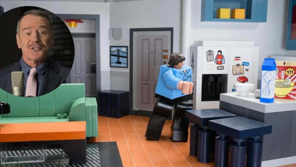 photo of LEGO Seinfeld set with Bryan Cranston in a narrator circle
