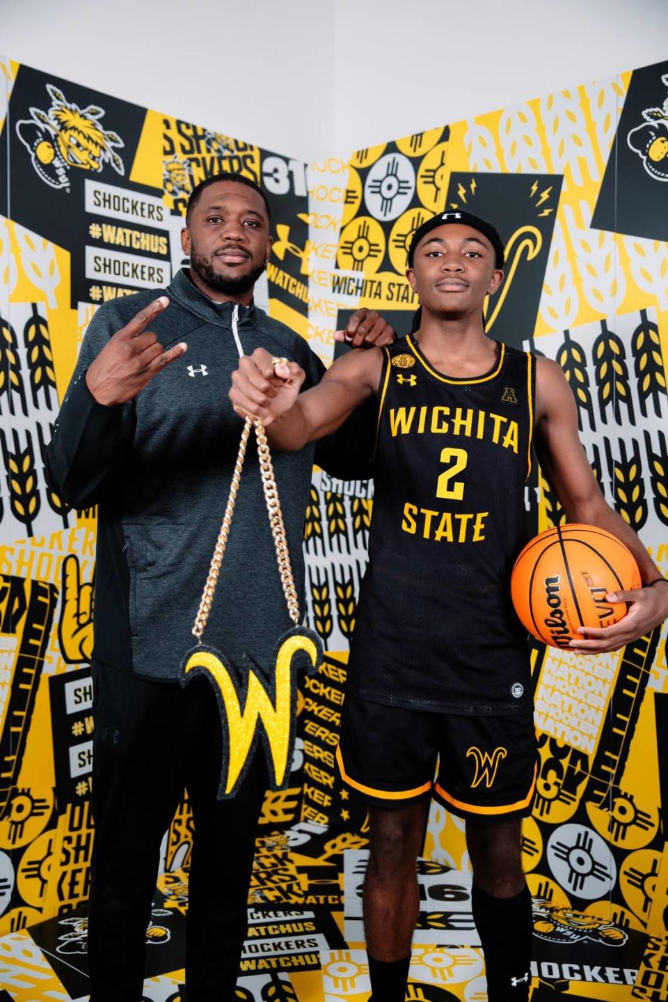 Former Shocker great P.J. Couisnard (left) and his son, Pierre, a 2025 recruit from Houston, took an unofficial visit to Wichita State on Thursday.