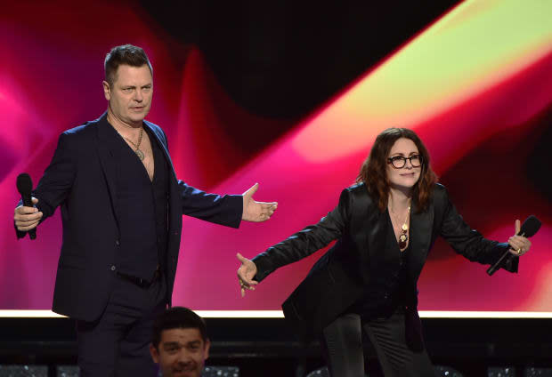 Nick Offerman and Megan Mullally speak onstage during the 2022 Film Independent Spirit Awards on March 06, 2022, in Santa Monica, California.<p><a href="https://www.gettyimages.com/detail/1381704630" rel="nofollow noopener" target="_blank" data-ylk="slk:Alberto E. Rodriguez/Getty Images;elm:context_link;itc:0;sec:content-canvas" class="link ">Alberto E. Rodriguez/Getty Images</a></p>