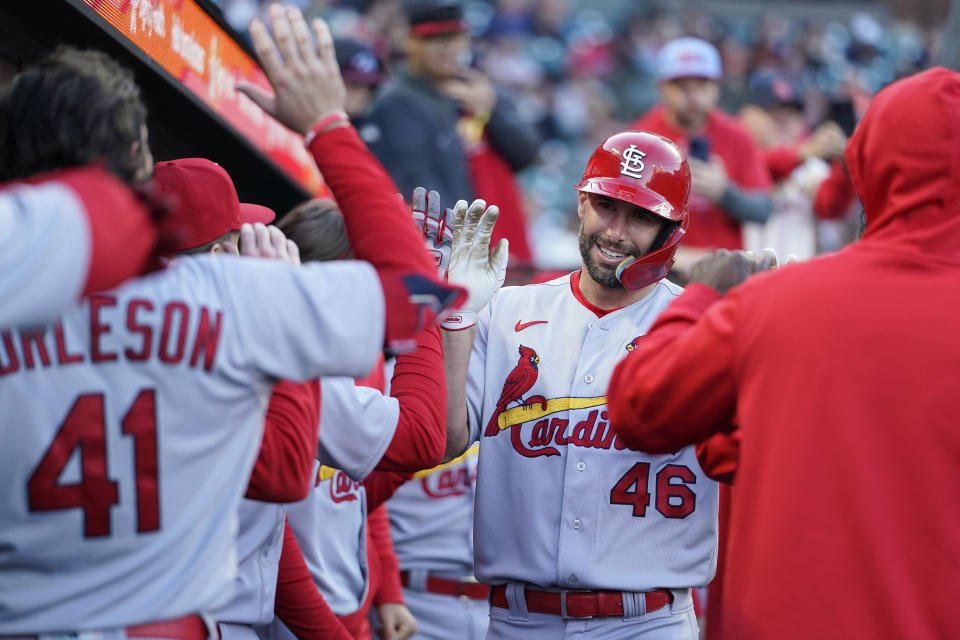 St. Louis Cardinals' Paul Goldschmidt (46) celebrates with teammates in the dugout after hitting a solo home run against the San Francisco Giants during the third inning of a baseball game in San Francisco, Wednesday, April 26, 2023. (AP Photo/Godofredo A. Vásquez)