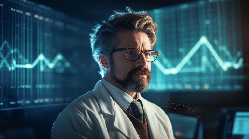 A scientist in a lab coat standing in front of a spectroscopy device.