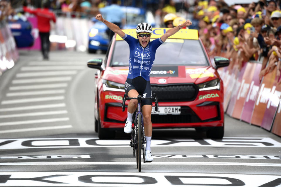 RODEZ FRANCE  JULY 26 Yara Kastelijn of The Netherlands and Team FenixDeceuninck celebrates at finish line as stage winner during the 2nd Tour de France Femmes 2023 Stage 4 a 1771km stage from Cahors to Rodez 572m  UCIWWT  on July 26 2023 in Rodez France Photo by Alex BroadwayGetty Images