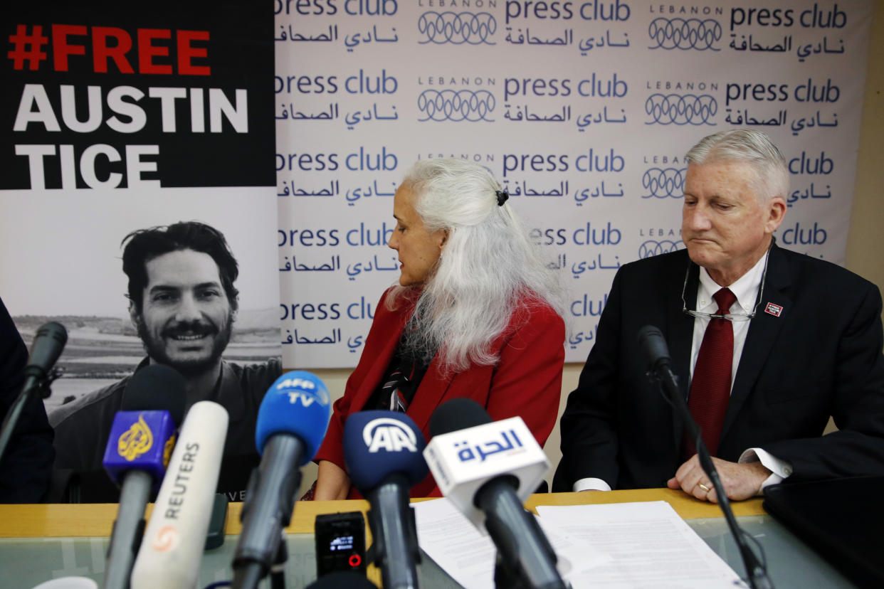 Marc and Debra Tice, the parents of Austin Tice, who is missing in Syria for nearly six years, speak during a press conference, at the Press Club, in Beirut, Lebanon, Tuesday, Dec. 4, 2018. They say they are hopeful the Trump administration will work on releasing their son the way they did with Americans who had been held for long time in North Korea. (AP Photo/Bilal Hussein)