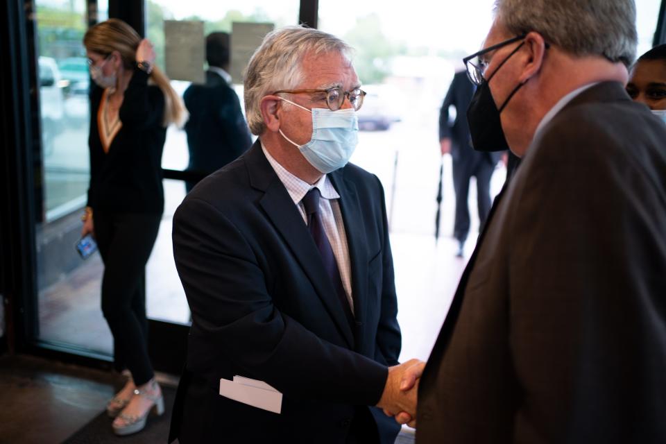 Mayor John Cooper greets people before a forum focused on equity in workforce development at Project Return in Nashville, Tenn., Tuesday, Sept. 6, 2022.