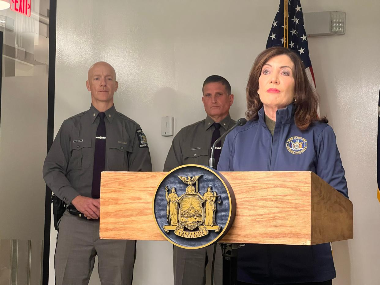 Gov. Kathy Hochul speaks at a press briefing following a crash at the Rainbow Bridge border crossing between the U.S. and Canada on Wednesday, Nov. 22, 2023. The crash killed two people.