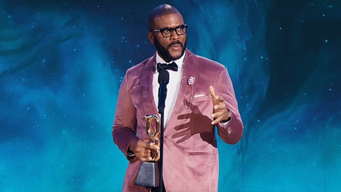 TheGrio Awards Icon Tyler Perry speaks at “theGrio Awards” on Oct. 22, 2022, at the Beverly Hilton in Beverly Hills, California. (Screenshot/theGrio)