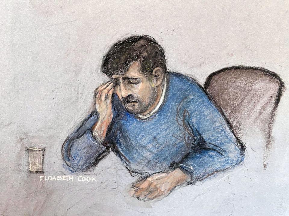 Court artist sketch by Elizabeth Cook of Thomas Cashman, 34, wiping away tears in the dock after being found guilty at Manchester Crown Court of murdering nine-year-old Olivia Pratt-Korbel and injuring her mother, Cheryl Korbel, 46, at their family home in Dovecot, Liverpool, on August 22 last year. Picture date: Thursday March 30, 2023.