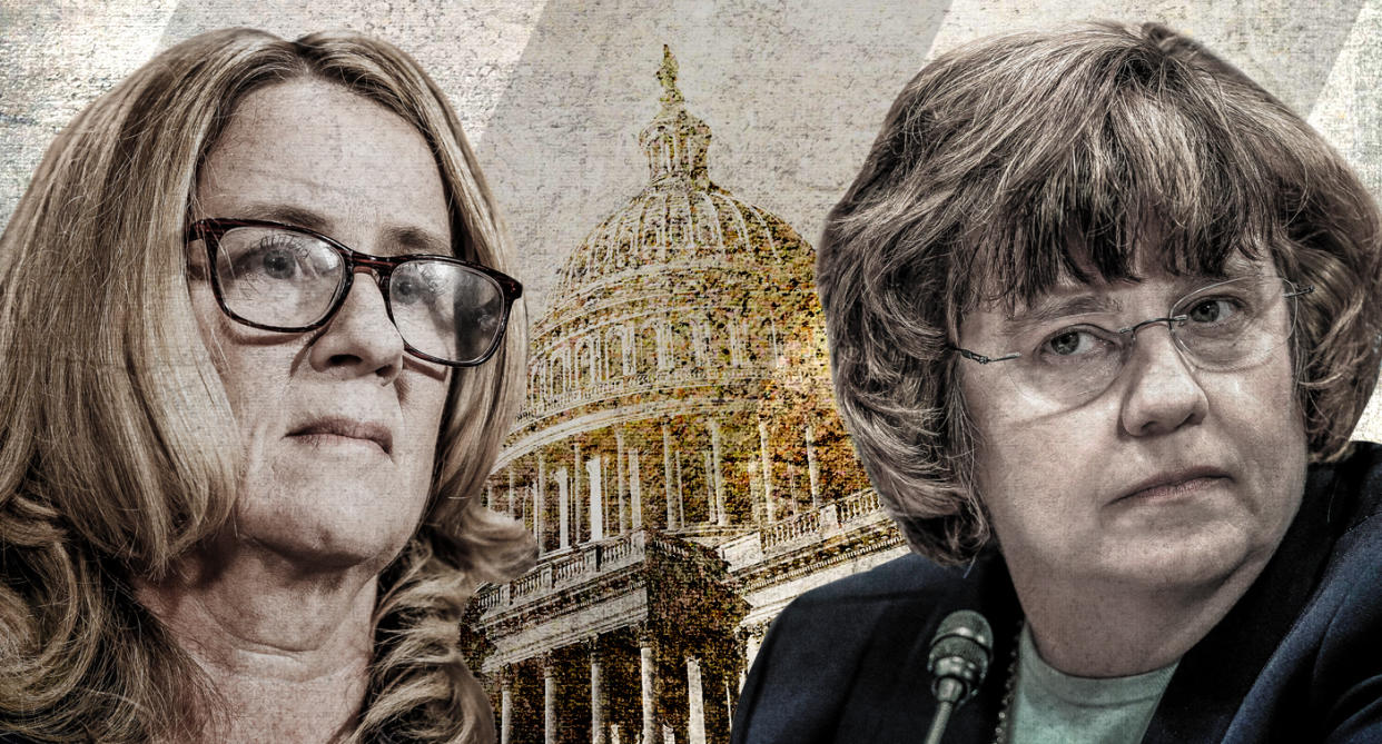 Christine Blasey Ford and Phoenix prosecutor Rachel Mitchell (Yahoo News photo Illustration; photos: Michael Reynolds/AP, Andrew Harnik/AFP/Getty Images)