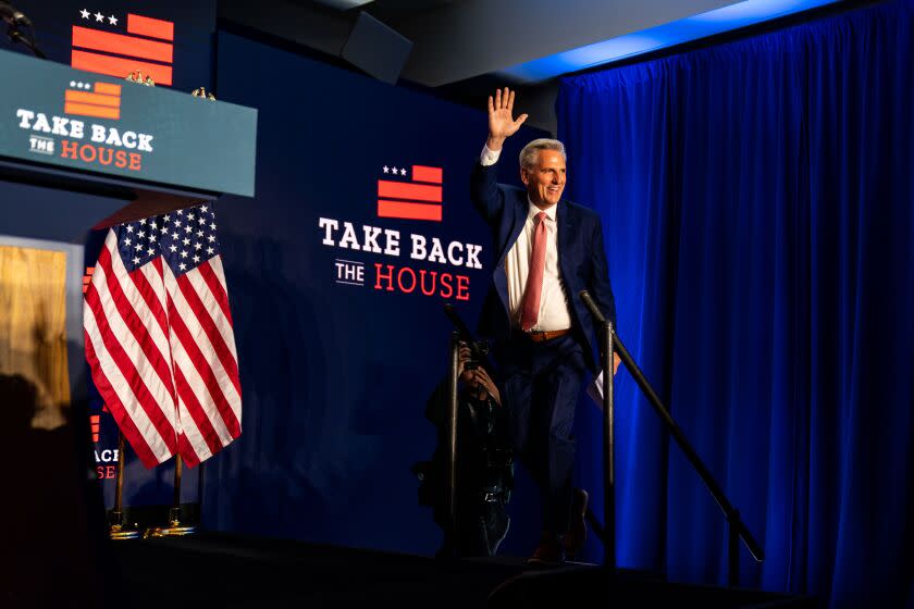 WASHINGTON, DC - NOVEMBER 09: Guests cheer as House Minority Leader Kevin McCarthy (R-CA) takes to the stage to address the crowd during an election night watch party at the National Ballroom at The Westin, City Center on Wednesday, Nov. 9, 2022 in Washington, DC. (Kent Nishimura / Los Angeles Times)