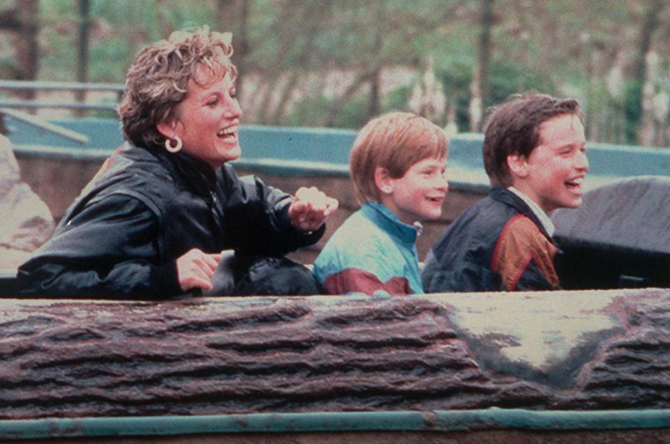 Diana enjoying a day out at Thorpe Park amusement park with Harry and William (PA Media)