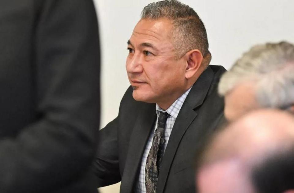 Richard Aguirre listens as his attorney, Karen Lindholdt, questions a witness on Tuesday, Dec. 19, 2023, at Spokane County Superior Court in Spokane. A judge declared him guilty of first-degree murder at a hearing on Tuesday, Dec. 26, 2023. Tyler Tjomsland/The Spokesman-Review