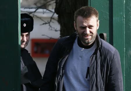 Alexei Navalny, a Russian opposition leader, walks out of a detention center in Moscow March 6, 2015. REUTERS/Maxim Shemetov