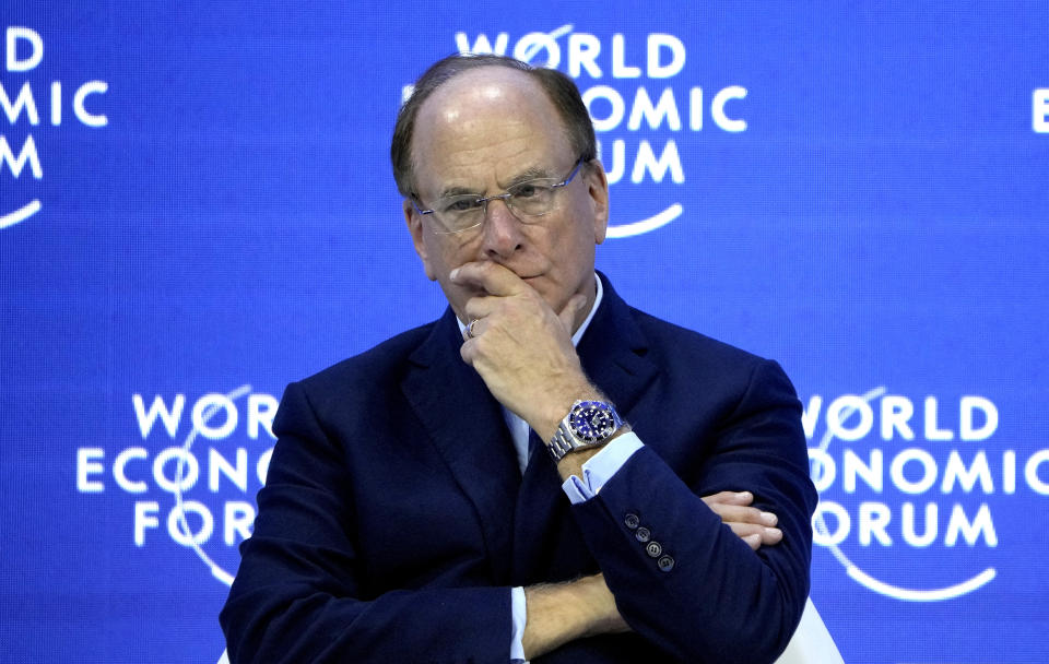 Laurence D. Fink, Chairman and Chief Executive Officer BlackRock attends a panel at the World Economic Forum in Davos, Switzerland Tuesday, Jan. 17, 2023. The annual meeting of the World Economic Forum is taking place in Davos from Jan. 16 until Jan. 20, 2023. (AP Photo/Markus Schreiber)