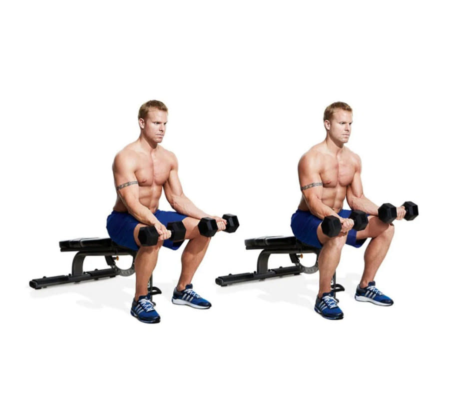 <p>Hold a dumbbell in each hand and sit on a bench, box, or chair, resting your forearms on your thighs, allowing your wrists to bend back over your knees so the weights hang down, to start. Curl the dumbbells up by just flexing your wrists. That's 1 rep. Repeat.</p>