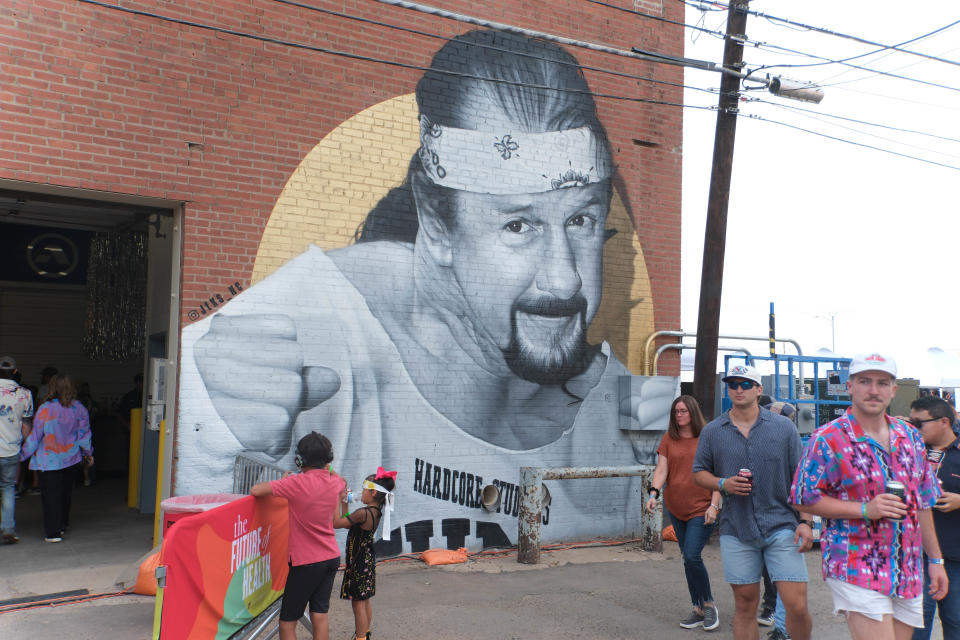 A mural by artist JEKS of Amarillo's own Terry Funk on display Saturday at the 4th annual Hoodoo Music Festival in downtown Amarillo.