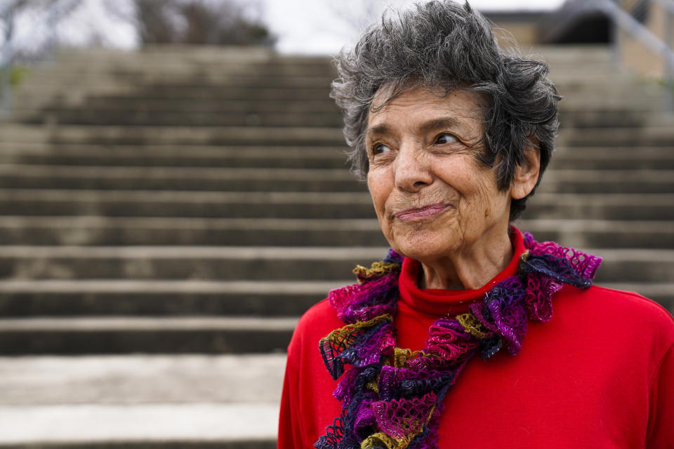 Ruth Kohake poses for a portrait outside of the Price Hill Public Library, Thursday, March 23, 2023, in Cincinnati. Kohake is among those caught up in the confusion over Ohio's strict new photo ID requirement. The retired nurse from Cincinnati gave up her driver’s license and her car in 2019. Now 82, she thought she might never have to step foot in another state license agency. (AP Photo/Jeff Dean)