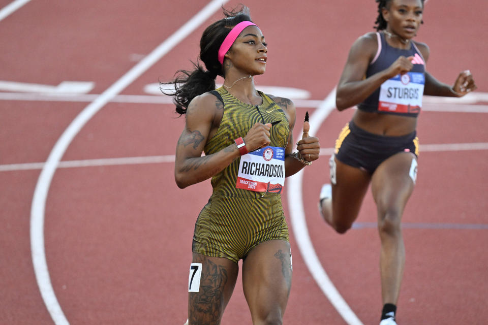 Jun 21, 2024; Eugene, OR, USA; Sha’Carri Richardson wins her 100m dash heat during the US Olympic Track and Field Team Trials. Mandatory Credit: Craig Strobeck-USA TODAY Sports