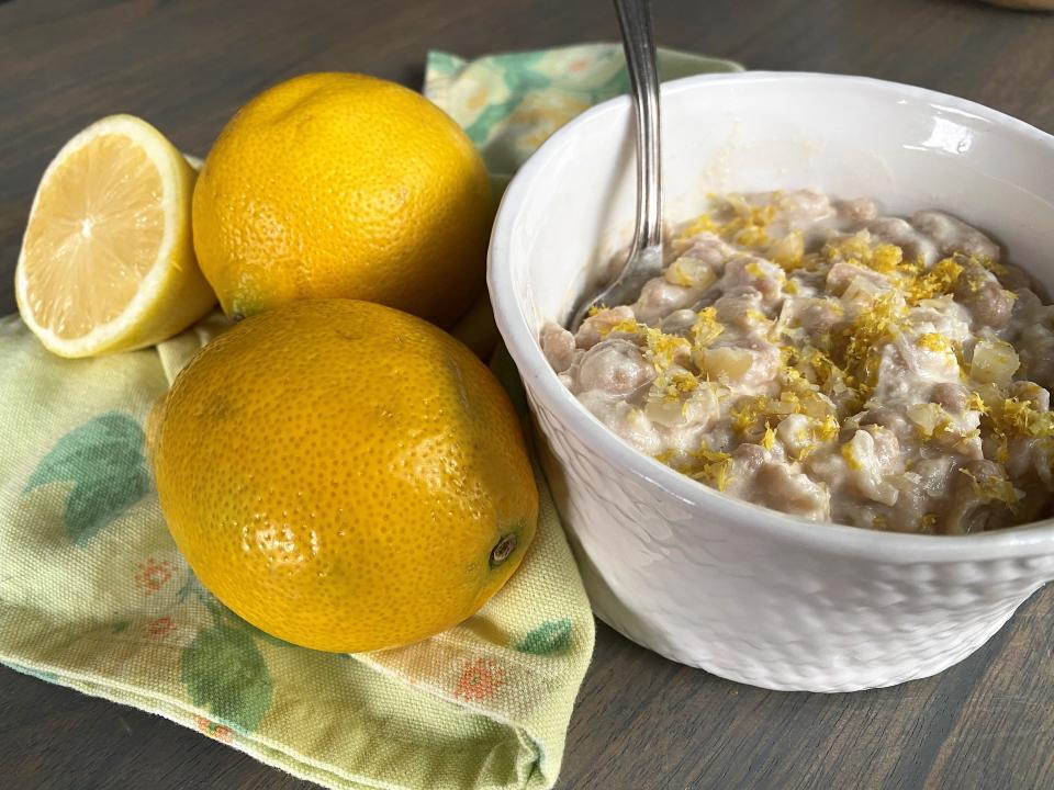 This dish features macadamia cream, which is made the same way as cashew cream, as described in the accompanying recipe.