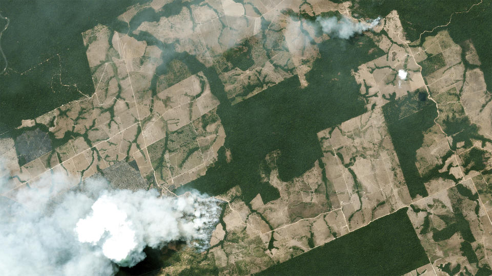 This Aug. 21, 2019 satellite image courtesy of Planet Labs, Inc. shows smoke billowing from forest fires in Nova Bandeirantes in Mato Grosso, Brazil. (Planet Labs Inc. via AP)