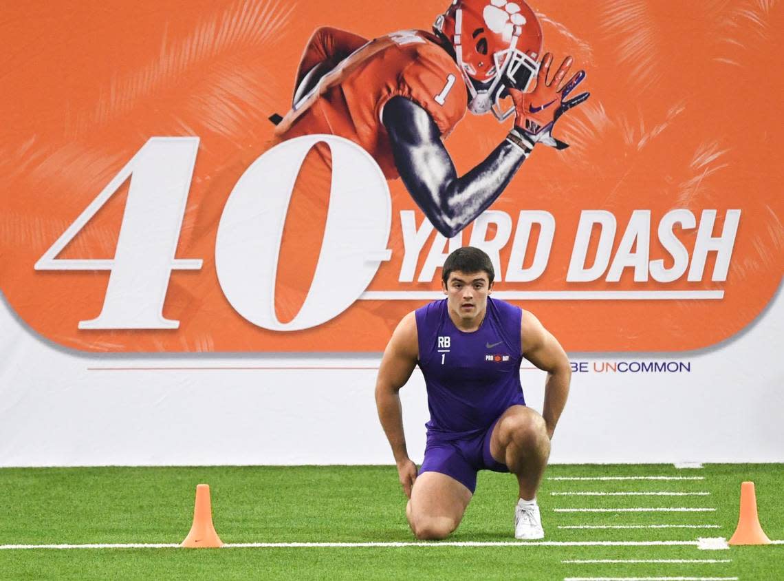 Former Clemson running back Will Shipley gets ready for the 40-yard dash during 2024 Clemson Pro Day in the Poe Indoor Facility at Clemson University in Clemson Tuesday, March 14, 2024.