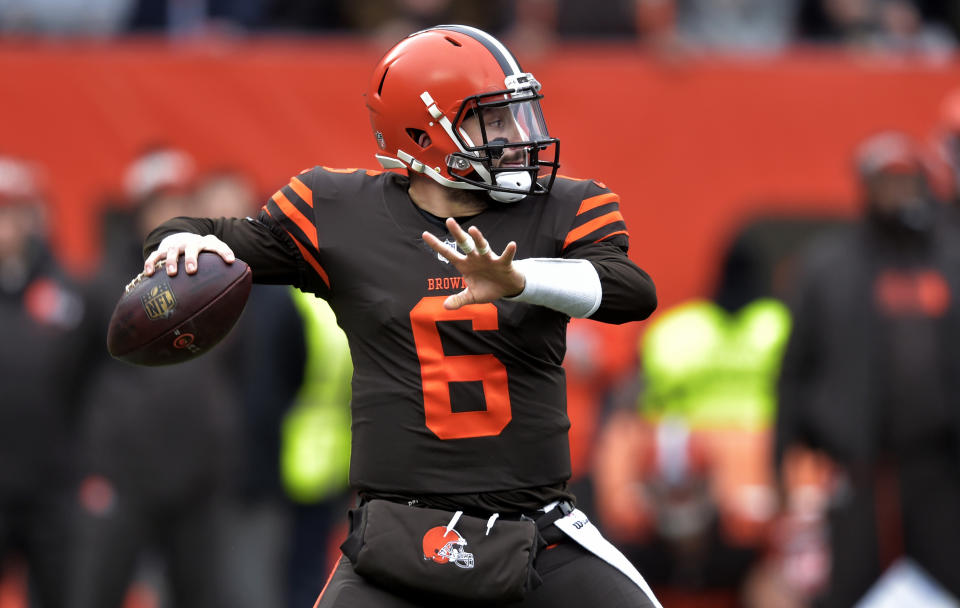 Cleveland Browns quarterback Baker Mayfield throws during the first half of an NFL football game against the Cincinnati Bengals, Sunday, Dec. 23, 2018, in Cleveland. (AP Photo/David Richard)