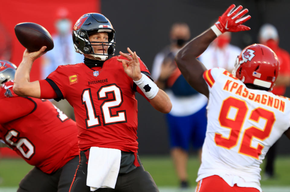 Tom Brady of the Tampa Bay Buccaneers is one of the two favorites to win Super Bowl MVP. (Photo by Mike Ehrmann/Getty Images)