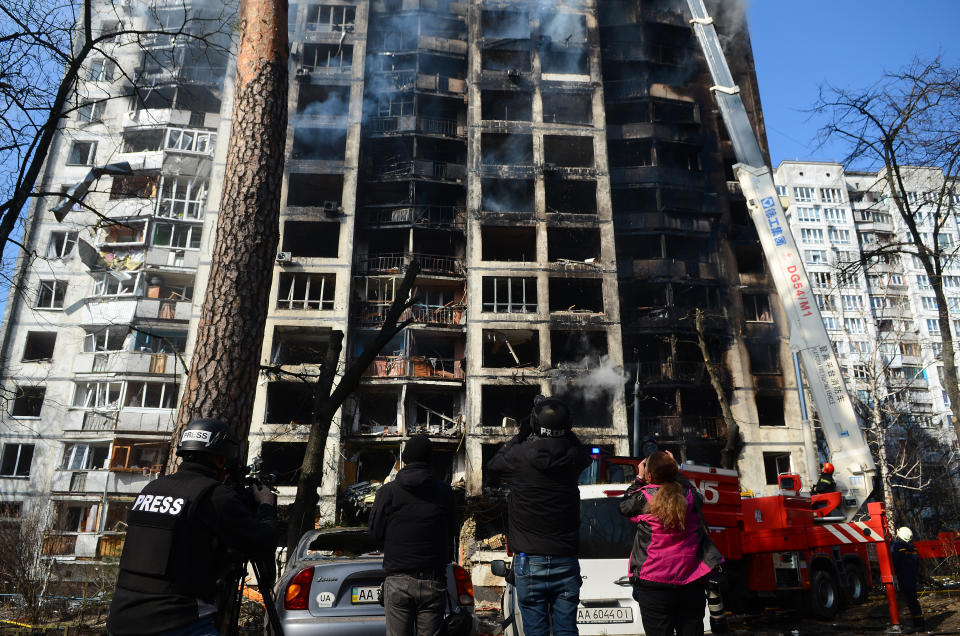 Aftermath of shelling of a residential building by the Russian troops in Svyatoshyn district of Kyiv, capital of Ukraine, on March 15, 2022. (Photo by Pavlo Bahmut/Ukrinform/NurPhoto via Getty Images)