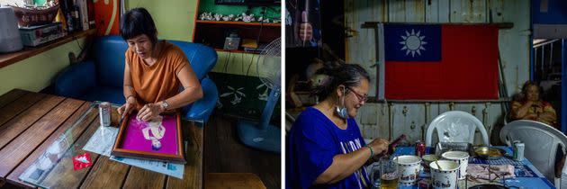 At left: Jiang Yu-mei, 50, a hostel owner, dusts a portrait of herself at her home on Orchid Island. At right, Du Xiao-wan, 54, a painter who has lived on Orchid Island more than 30 years.